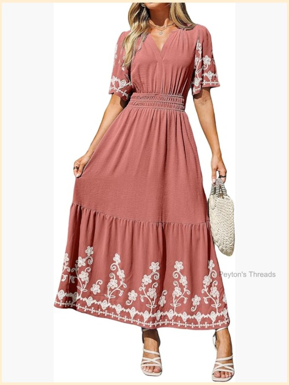 Women's Embroidered Floral Boho Maxi Dress V-Neck Short Sleeve A-Line - Picture 1 of 7
